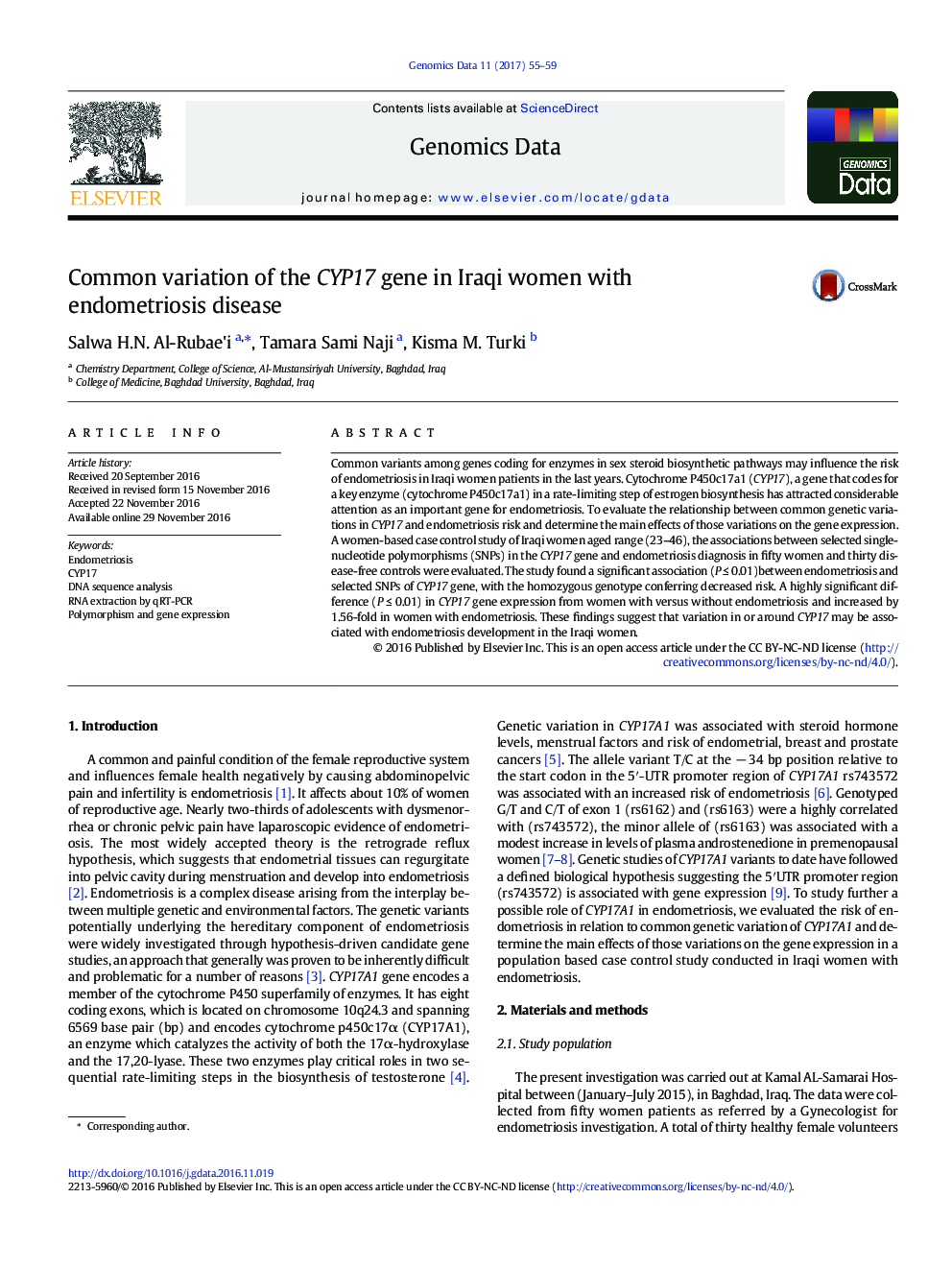 Common variation of the CYP17 gene in Iraqi women with endometriosis disease