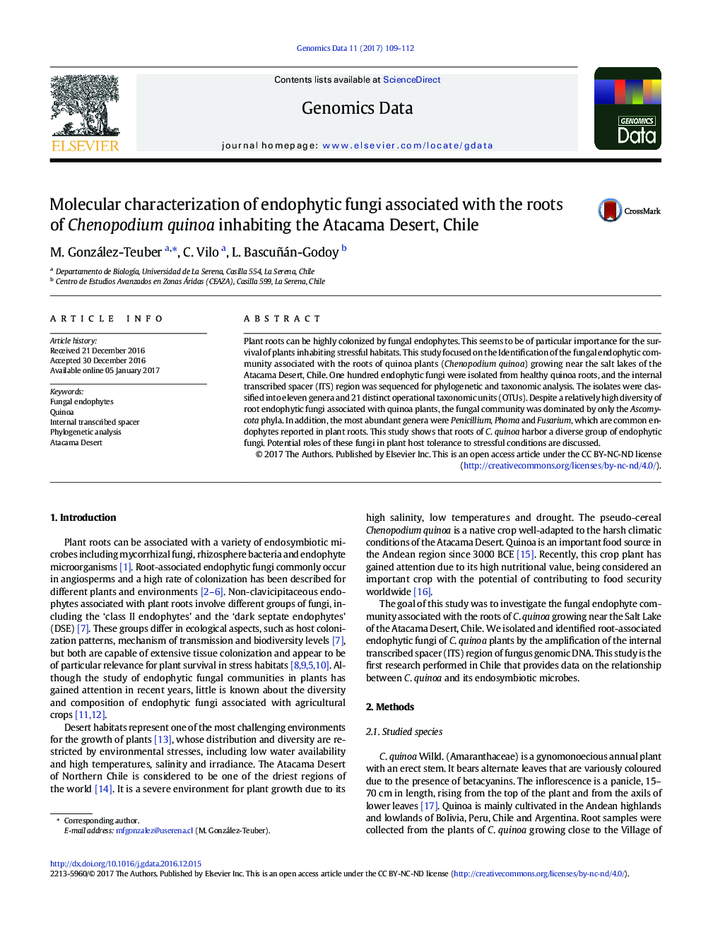 Molecular characterization of endophytic fungi associated with the roots of Chenopodium quinoa inhabiting the Atacama Desert, Chile