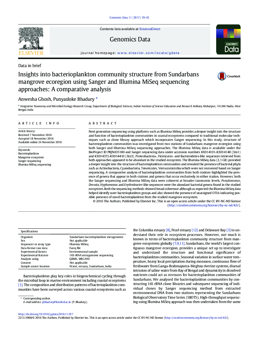 Insights into bacterioplankton community structure from Sundarbans mangrove ecoregion using Sanger and Illumina MiSeq sequencing approaches: A comparative analysis