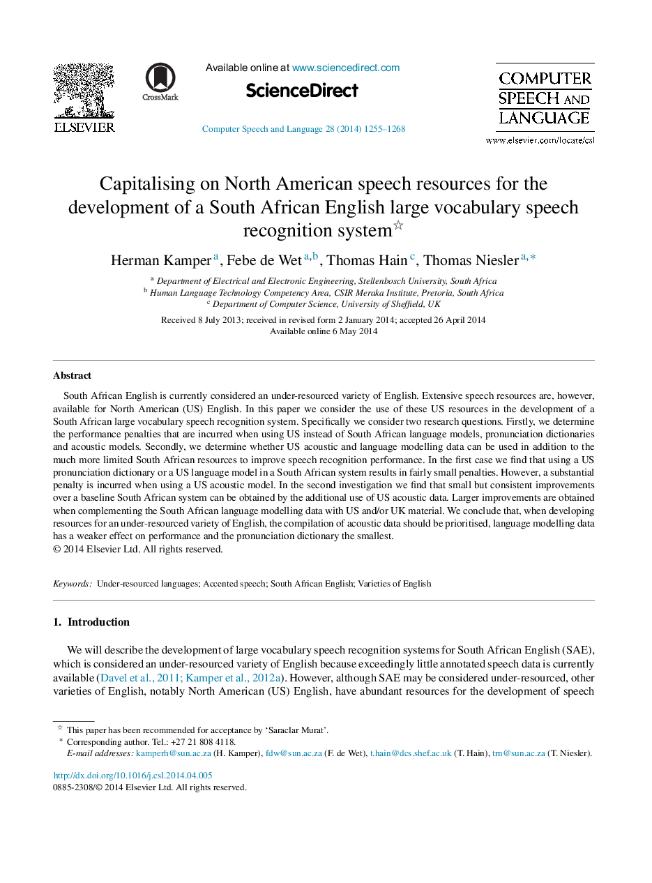 با استفاده از منابع سخنرانی آمریکای شمالی برای توسعه یک سیستم تشخیص گفتار بزرگ واژگان انگلیسی آفریقای جنوبی 