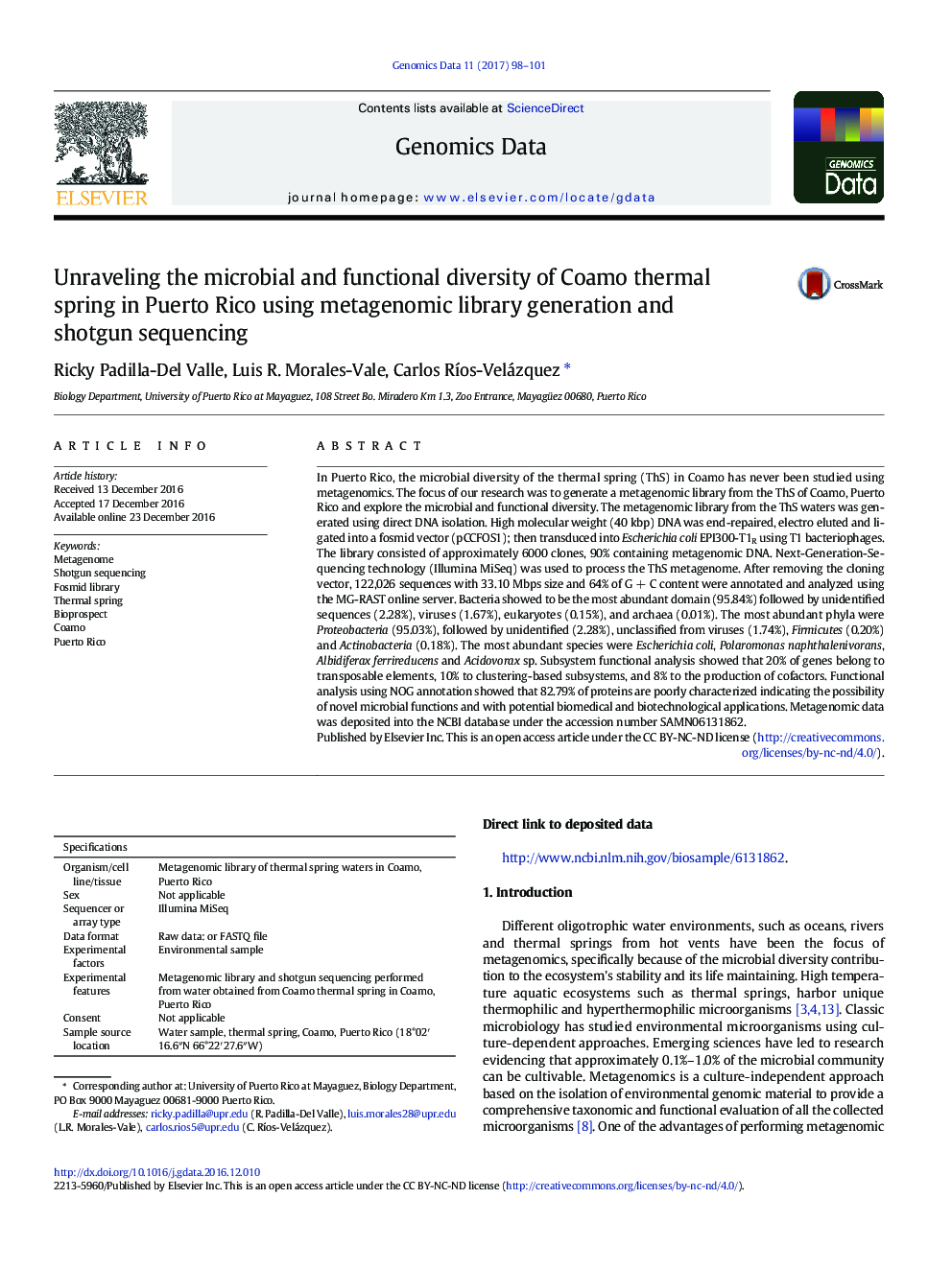 Unraveling the microbial and functional diversity of Coamo thermal spring in Puerto Rico using metagenomic library generation and shotgun sequencing