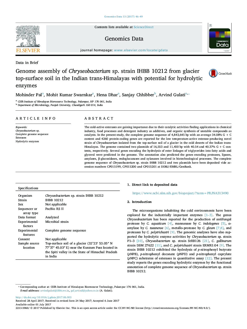 Genome assembly of Chryseobacterium sp. strain IHBB 10212 from glacier top-surface soil in the Indian trans-Himalayas with potential for hydrolytic enzymes