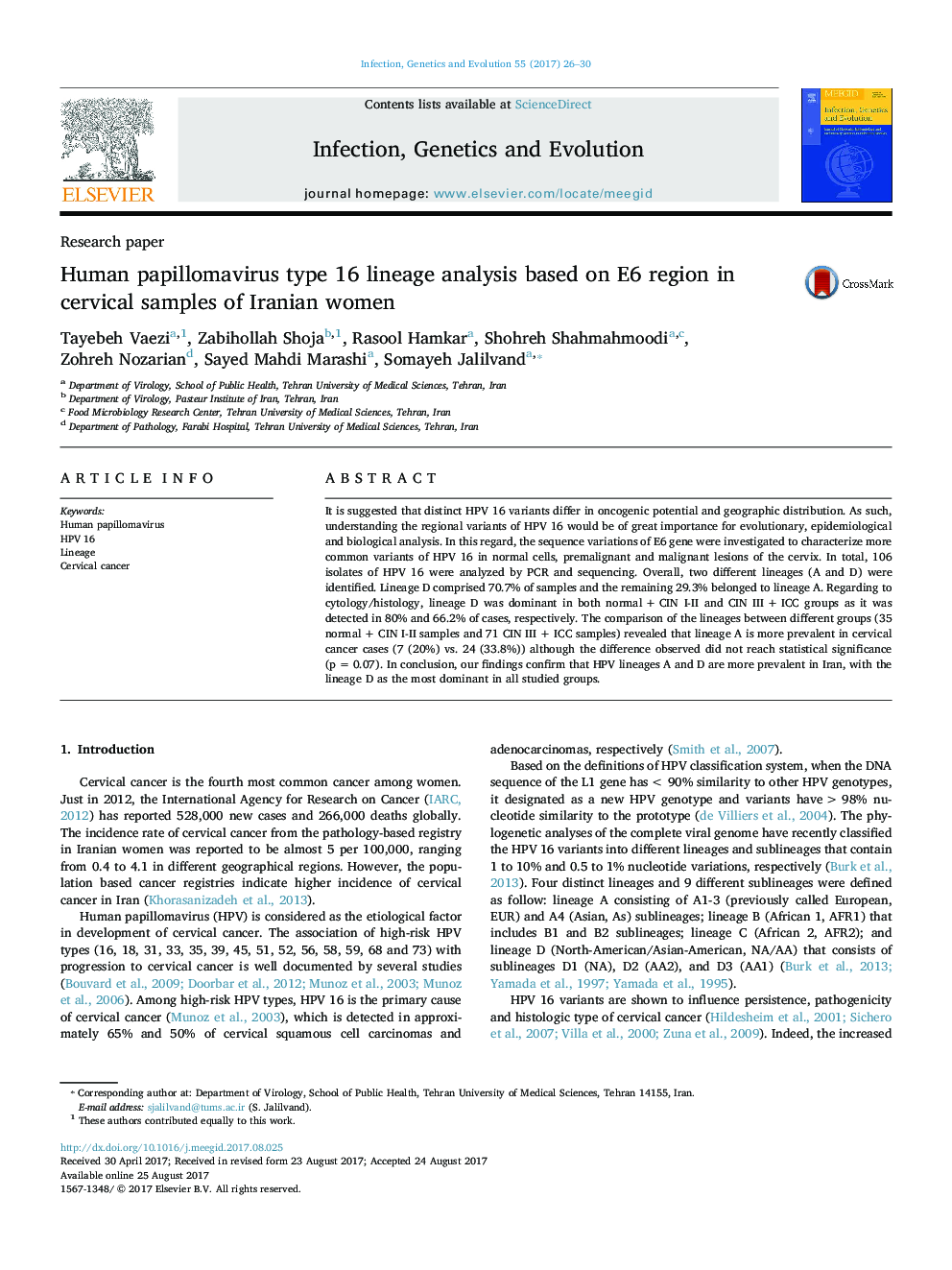 Human papillomavirus type 16 lineage analysis based on E6 region in cervical samples of Iranian women