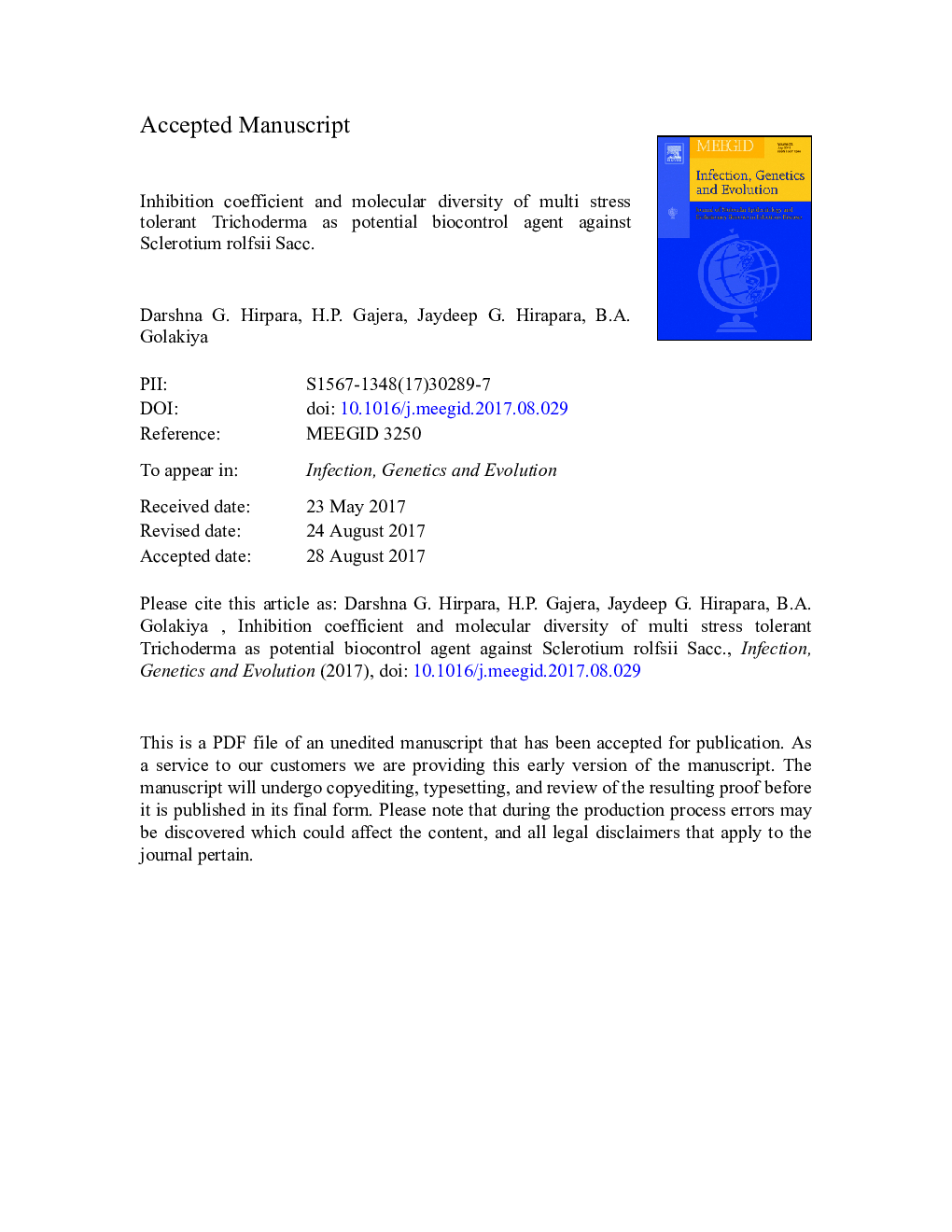 Inhibition coefficient and molecular diversity of multi stress tolerant Trichoderma as potential biocontrol agent against Sclerotium rolfsii Sacc.