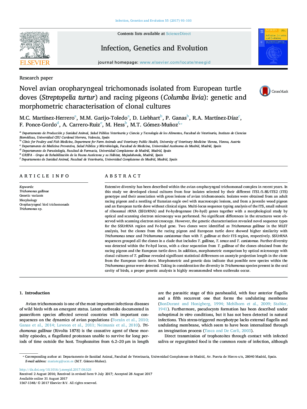 Novel avian oropharyngeal trichomonads isolated from European turtle doves (Streptopelia turtur) and racing pigeons (Columba livia): genetic and morphometric characterisation of clonal cultures