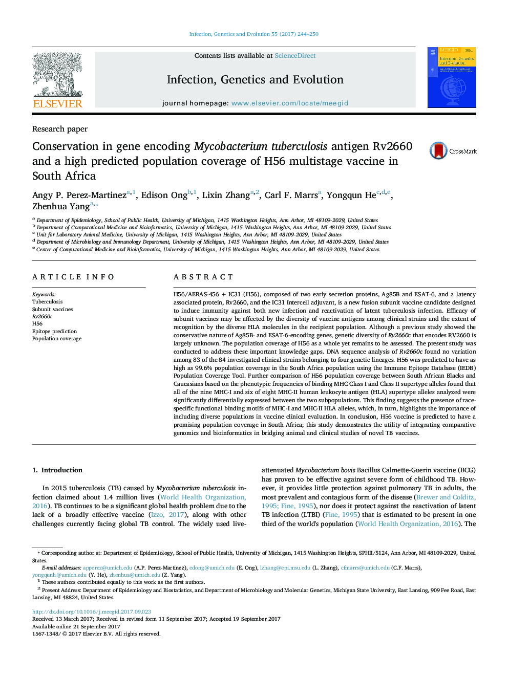 Conservation in gene encoding Mycobacterium tuberculosis antigen Rv2660 and a high predicted population coverage of H56 multistage vaccine in South Africa