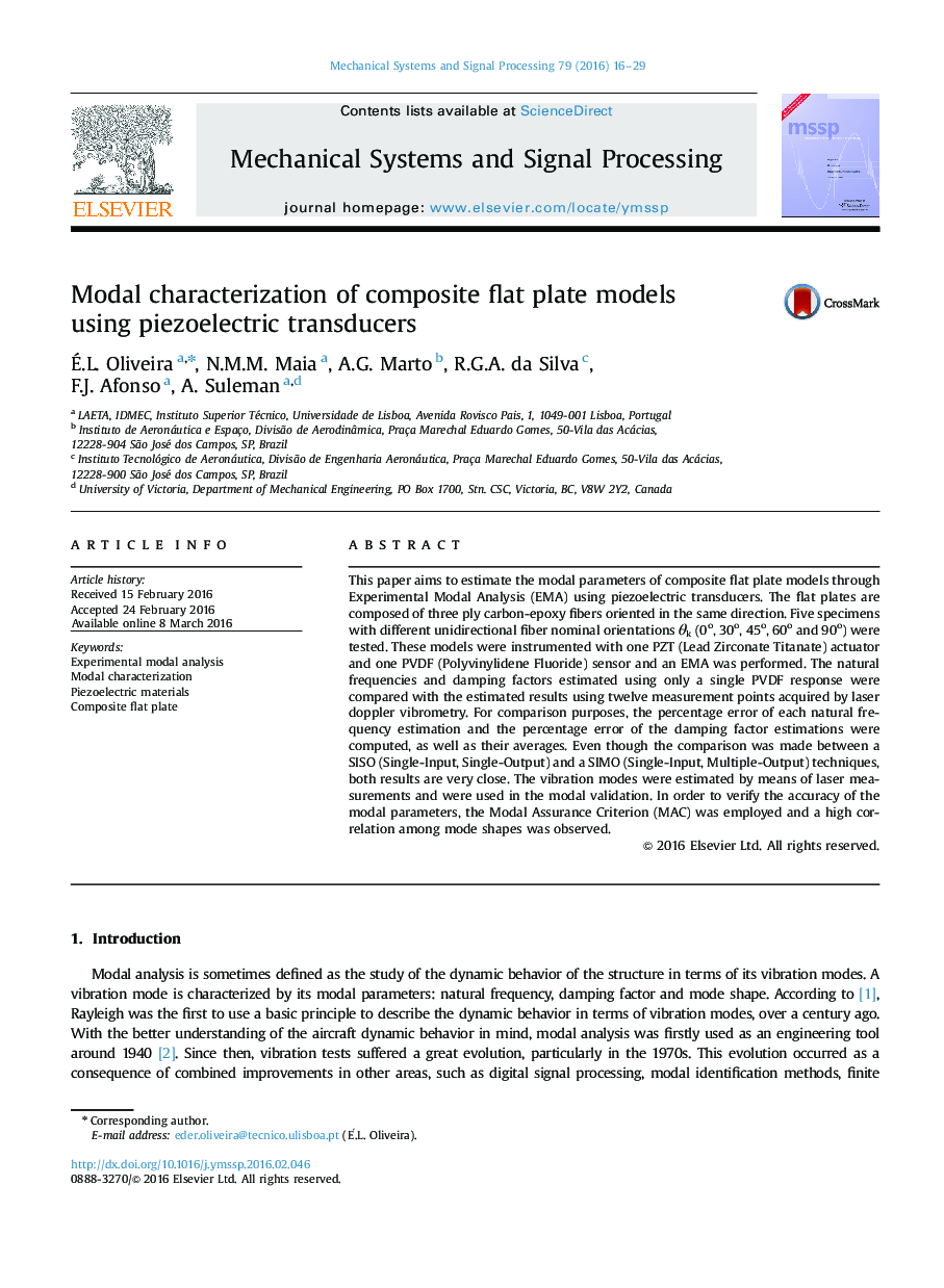 Modal characterization of composite flat plate models using piezoelectric transducers