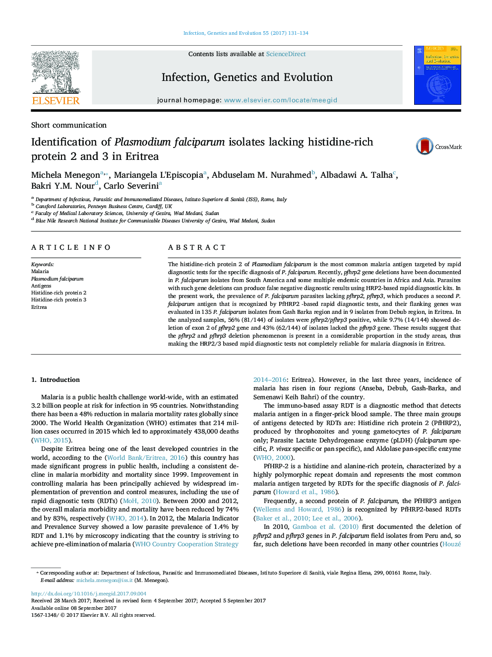 Identification of Plasmodium falciparum isolates lacking histidine-rich protein 2 and 3 in Eritrea