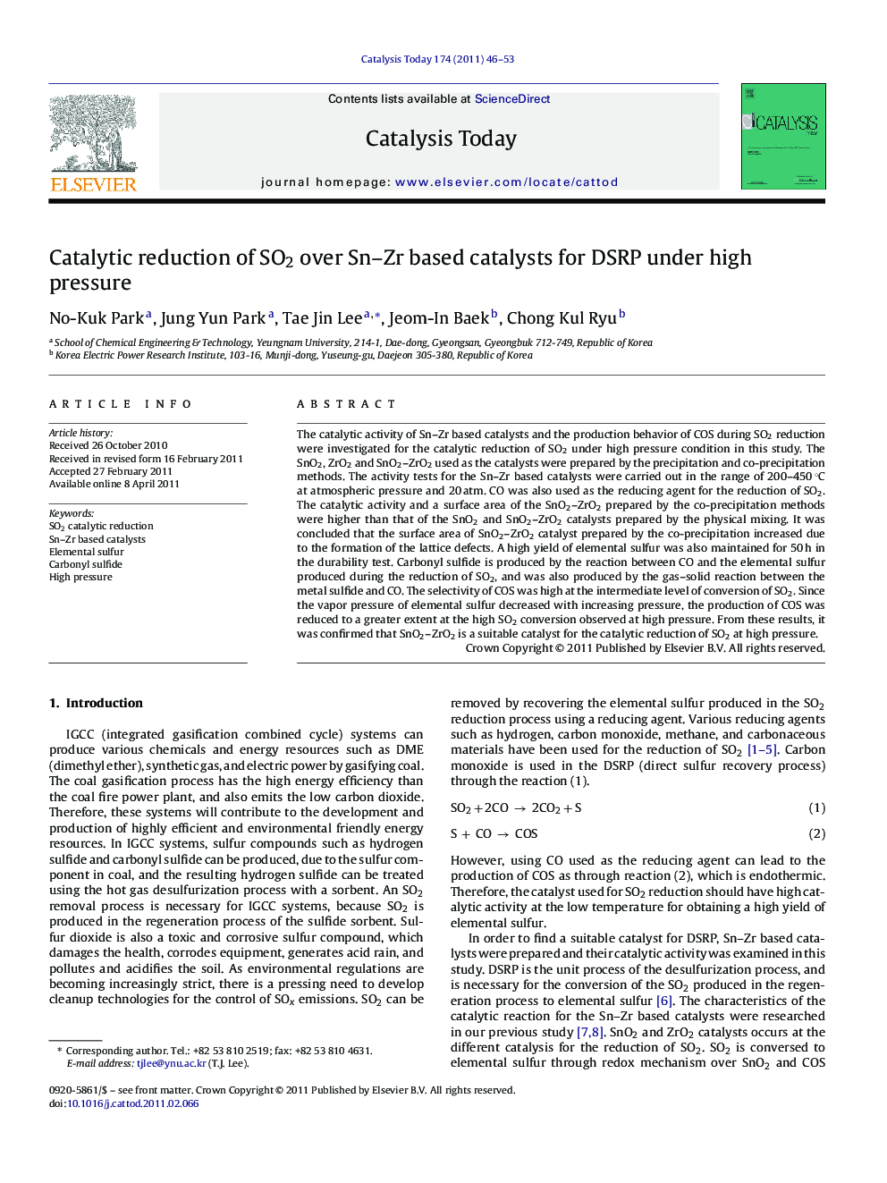 Catalytic reduction of SO2 over Sn–Zr based catalysts for DSRP under high pressure