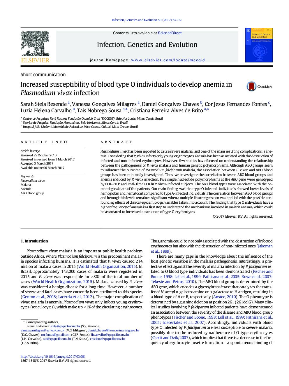 Increased susceptibility of blood type O individuals to develop anemia in Plasmodium vivax infection