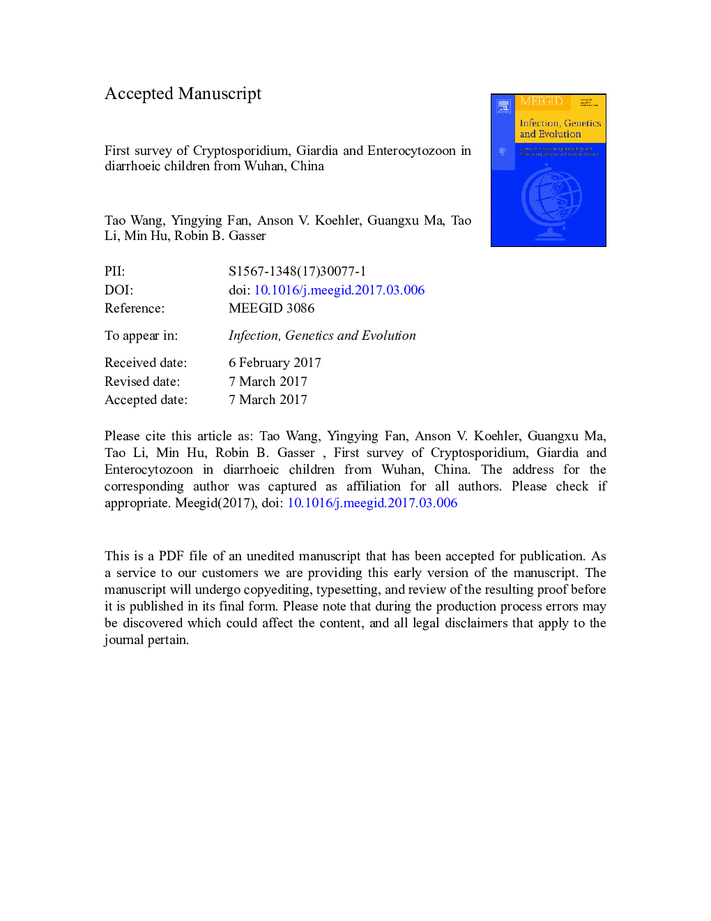 First survey of Cryptosporidium, Giardia and Enterocytozoon in diarrhoeic children from Wuhan, China