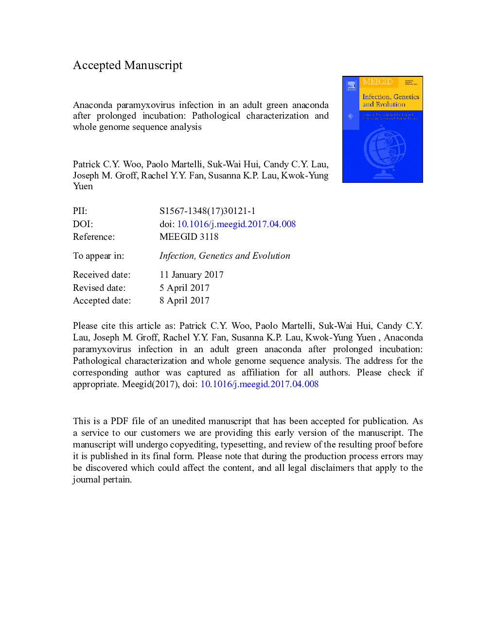 Anaconda paramyxovirus infection in an adult green anaconda after prolonged incubation: Pathological characterization and whole genome sequence analysis