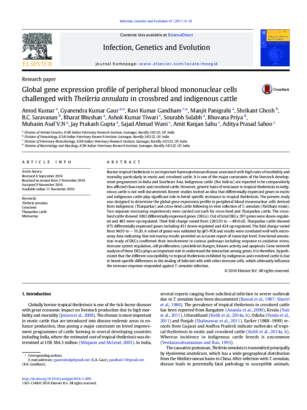 Research paperGlobal gene expression profile of peripheral blood mononuclear cells challenged with Theileria annulata in crossbred and indigenous cattle