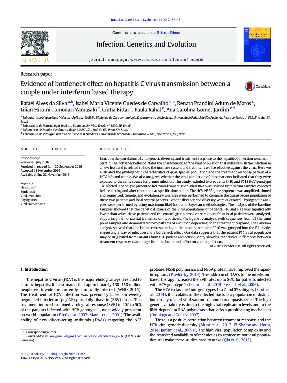 Evidence of bottleneck effect on hepatitis C virus transmission between a couple under interferon based therapy