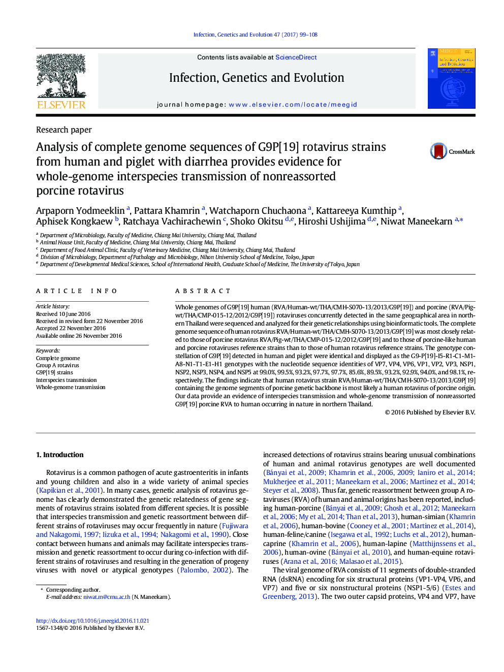 Analysis of complete genome sequences of G9P[19] rotavirus strains from human and piglet with diarrhea provides evidence for whole-genome interspecies transmission of nonreassorted porcine rotavirus