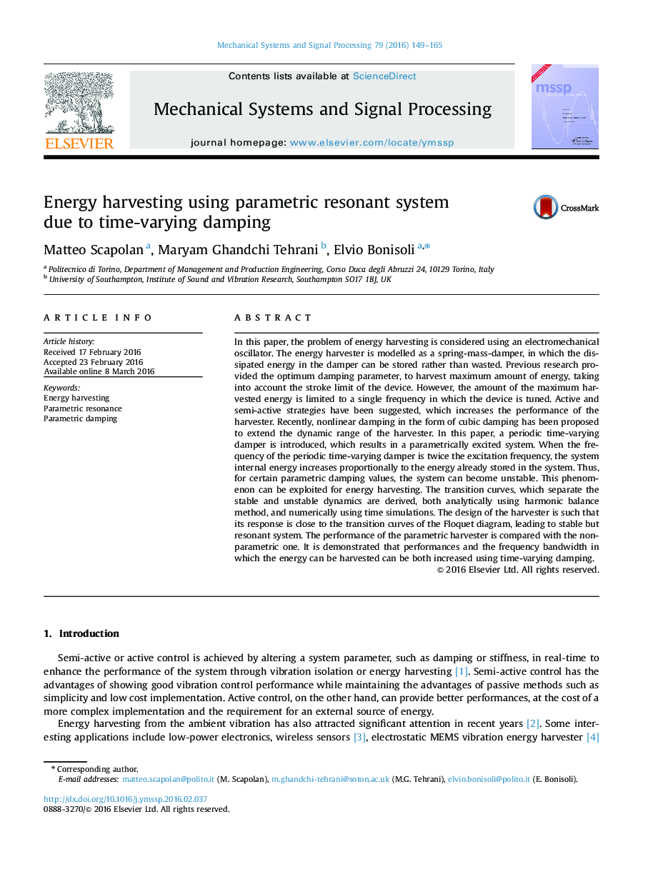 Energy harvesting using parametric resonant system due to time-varying damping