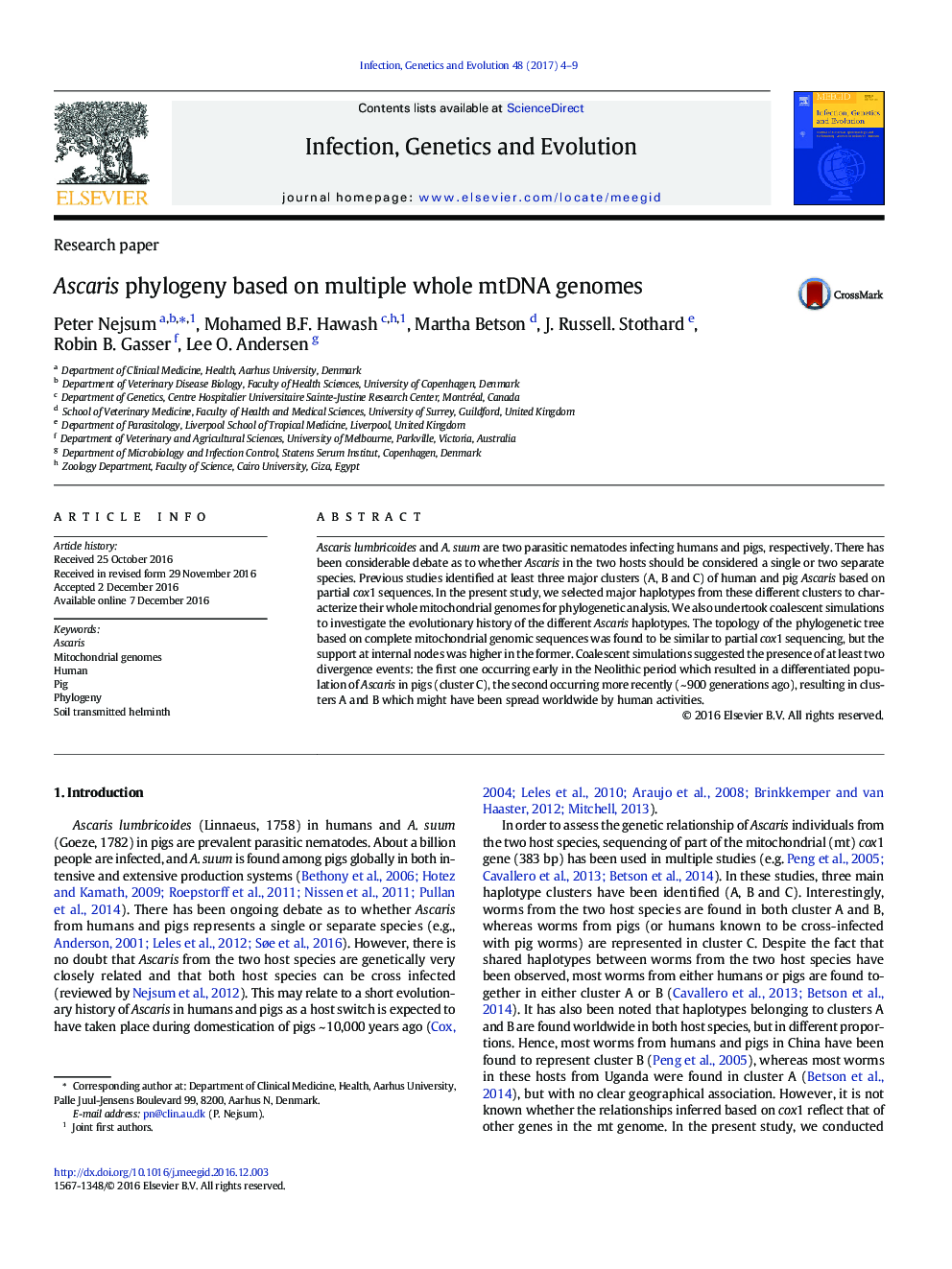 Research paperAscaris phylogeny based on multiple whole mtDNA genomes