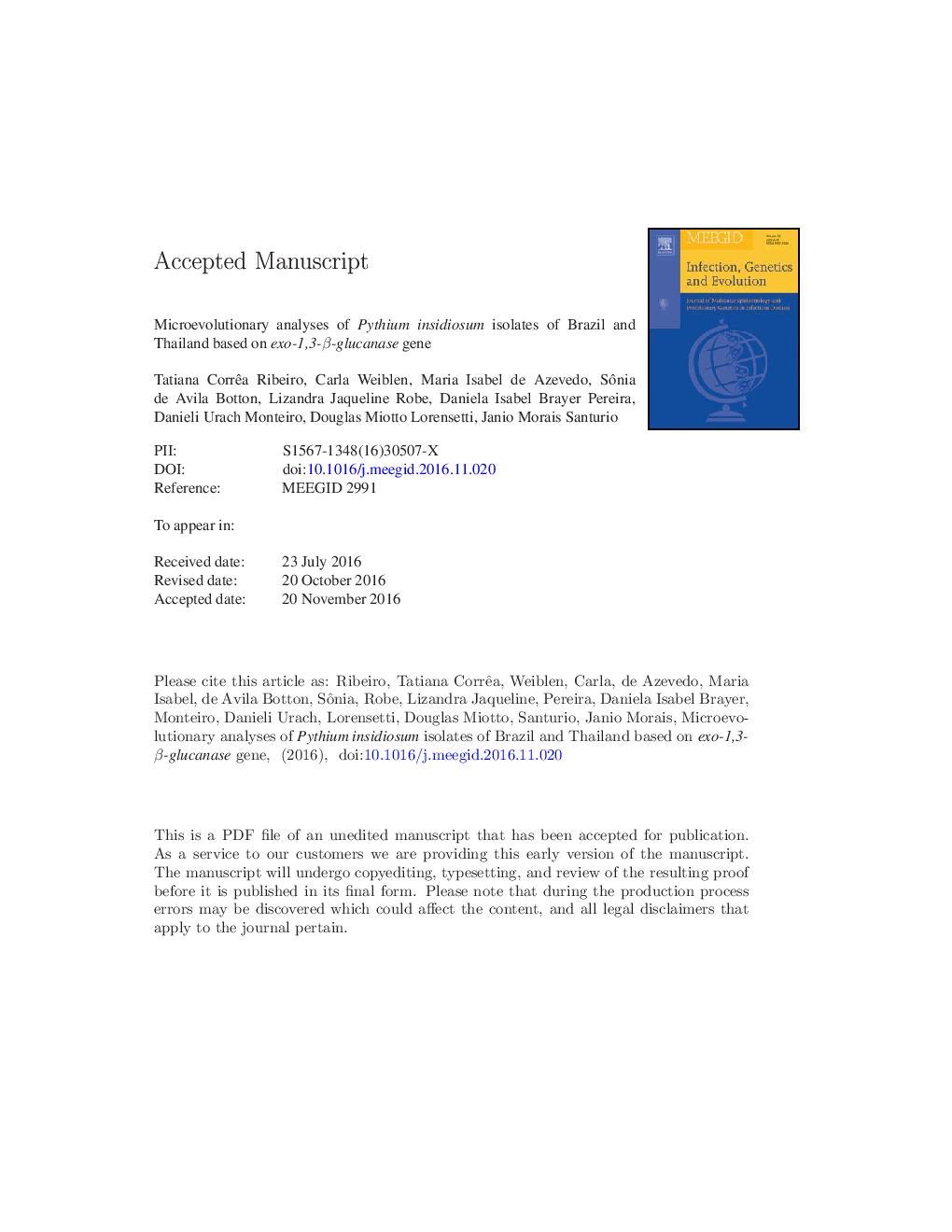 Microevolutionary analyses of Pythium insidiosum isolates of Brazil and Thailand based on exo-1,3-Î²-glucanase gene