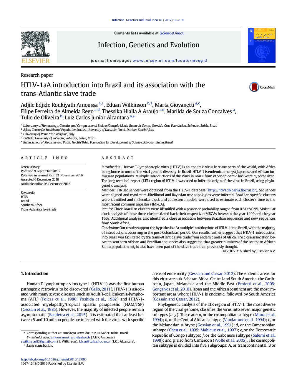 HTLV-1aA introduction into Brazil and its association with the trans-Atlantic slave trade