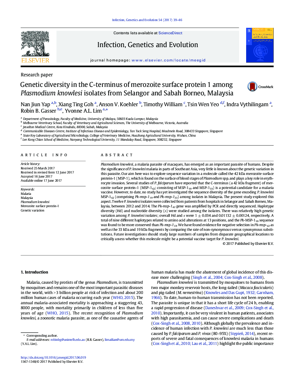 Genetic diversity in the C-terminus of merozoite surface protein 1 among Plasmodium knowlesi isolates from Selangor and Sabah Borneo, Malaysia