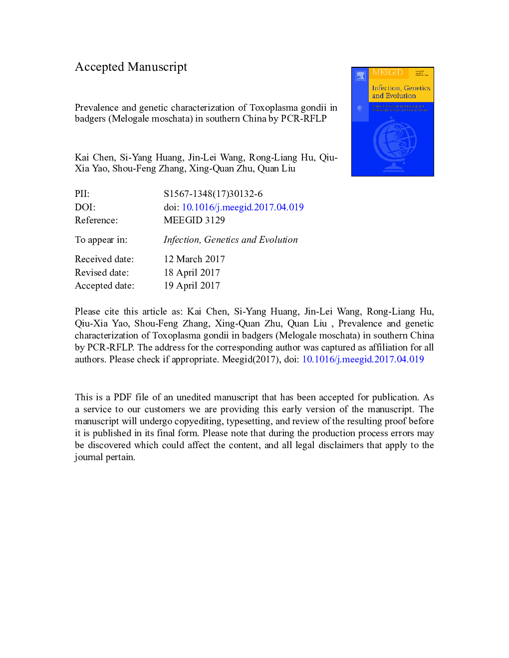 Prevalence and genetic characterization of Toxoplasma gondii in badgers (Melogale moschata) in southern China by PCR-RFLP