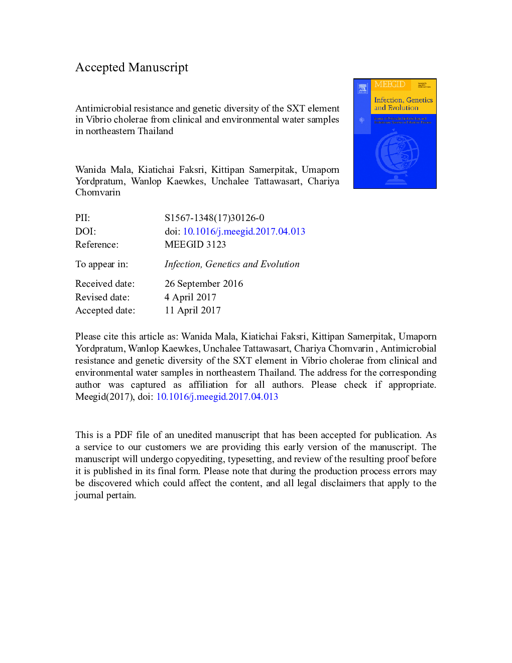 Antimicrobial resistance and genetic diversity of the SXT element in Vibrio cholerae from clinical and environmental water samples in northeastern Thailand