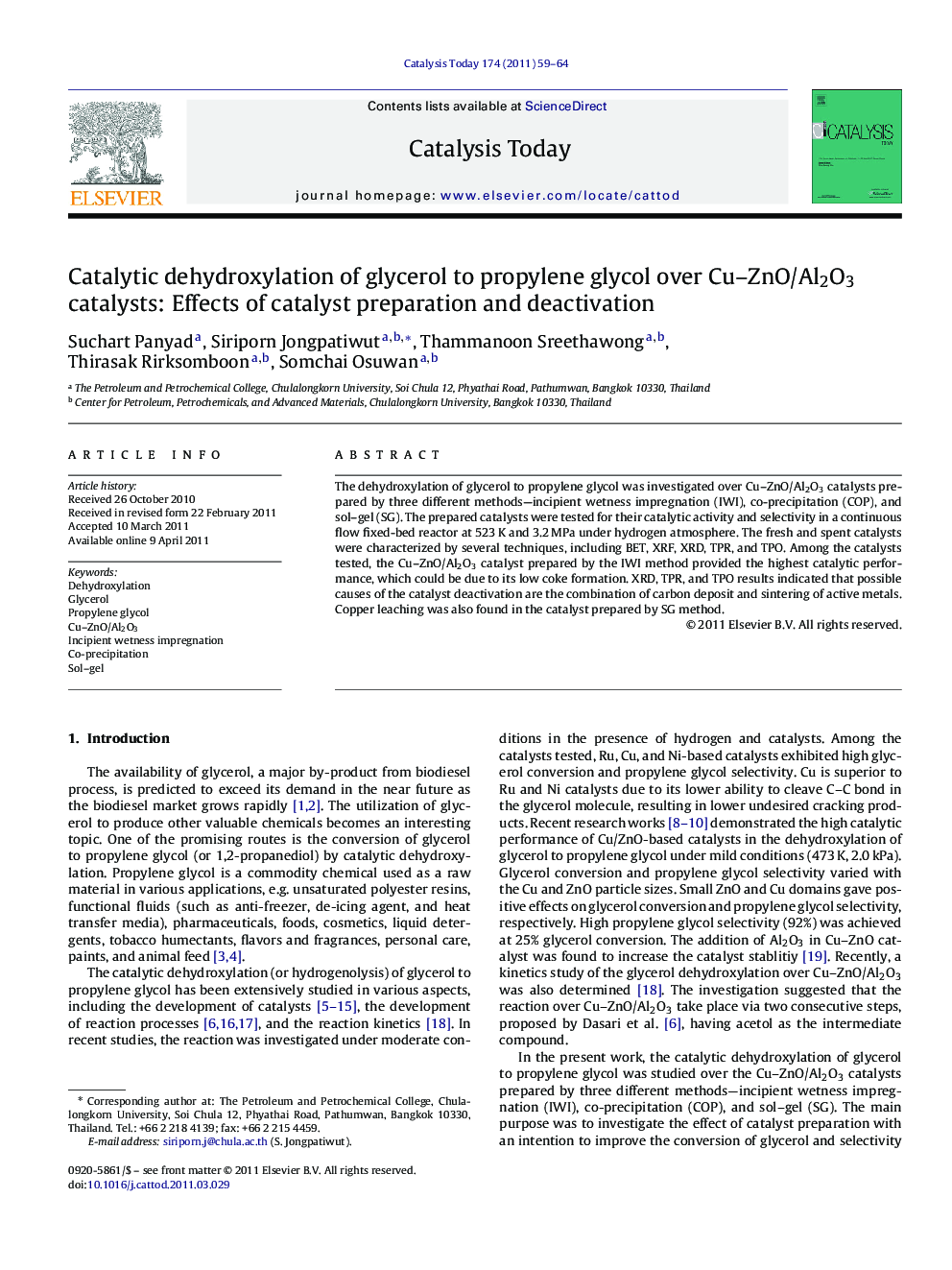 Catalytic dehydroxylation of glycerol to propylene glycol over Cu–ZnO/Al2O3 catalysts: Effects of catalyst preparation and deactivation
