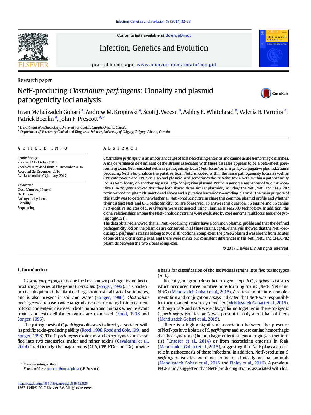 NetF-producing Clostridium perfringens: Clonality and plasmid pathogenicity loci analysis