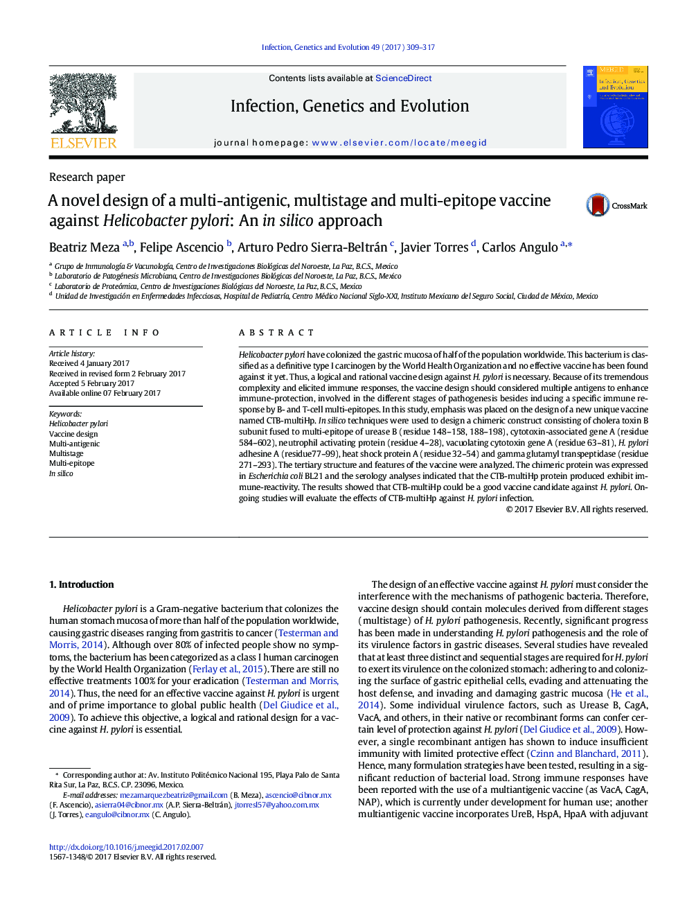 A novel design of a multi-antigenic, multistage and multi-epitope vaccine against Helicobacter pylori: An in silico approach