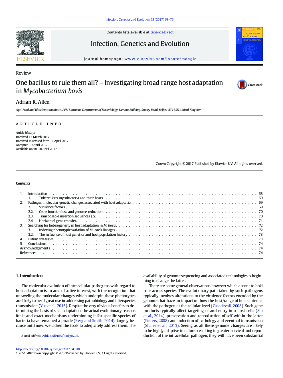 عکس صفحه اول مقاله: One bacillus to rule them all? - Investigating broad range host adaptation in Mycobacterium bovis One bacillus to rule them all? - Investigating broad range host adaptation in Mycobacterium bovis