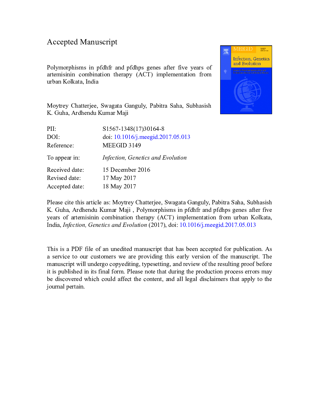 Polymorphisms in pfdhfr and pfdhps genes after five years of artemisinin combination therapy (ACT) implementation from urban Kolkata, India