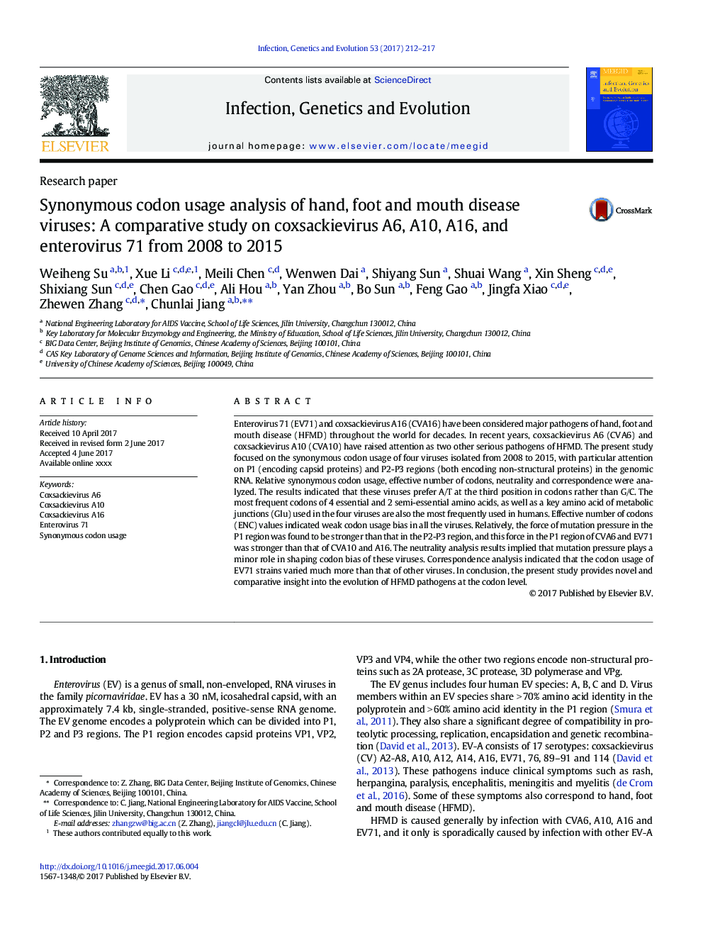 Synonymous codon usage analysis of hand, foot and mouth disease viruses: A comparative study on coxsackievirus A6, A10, A16, and enterovirus 71 from 2008 to 2015