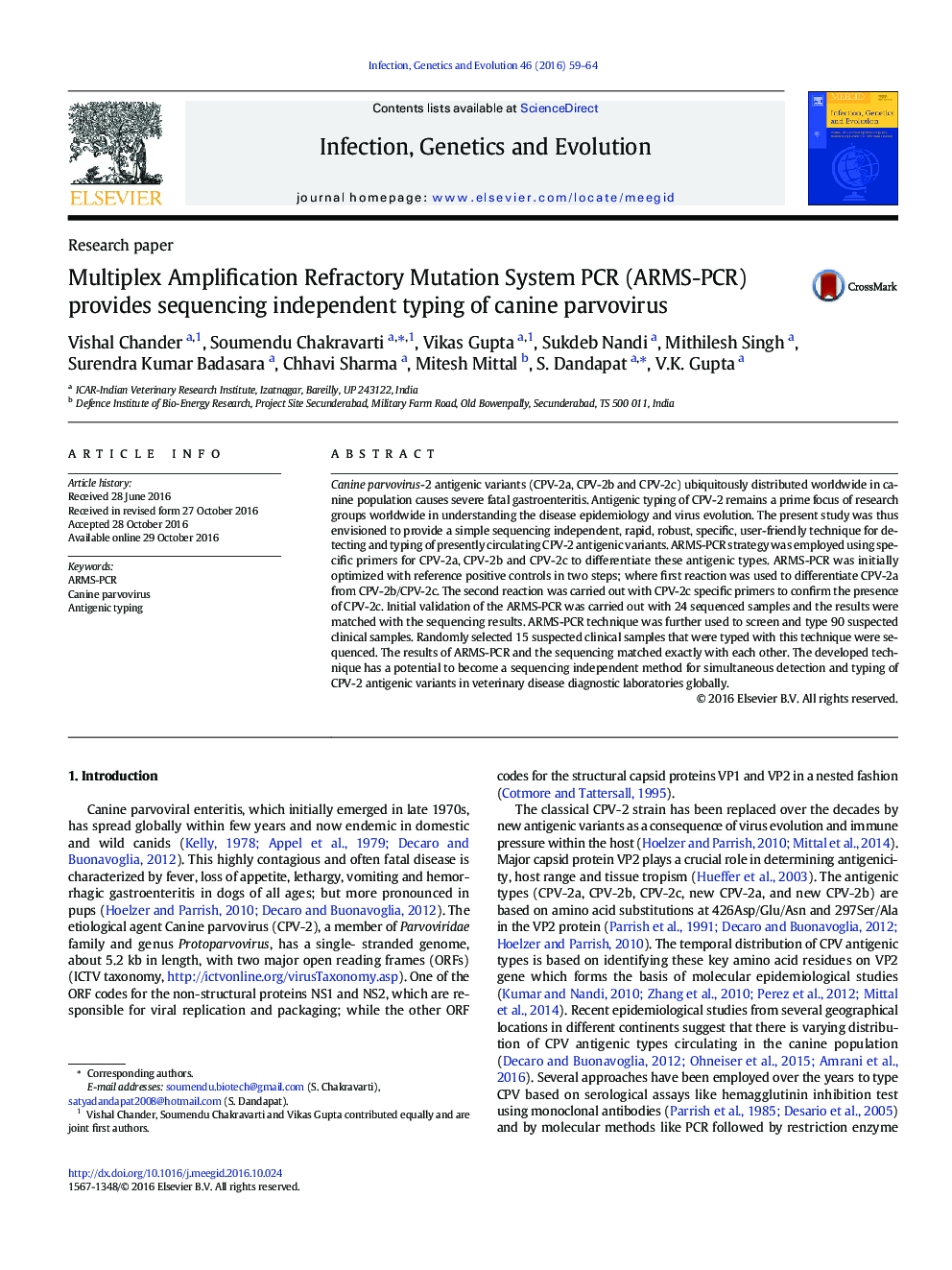 Multiplex Amplification Refractory Mutation System PCR (ARMS-PCR) provides sequencing independent typing of canine parvovirus