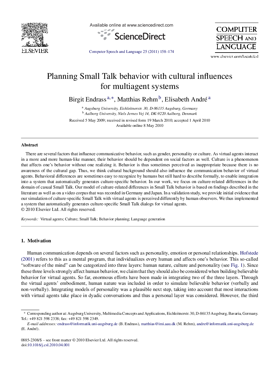 Planning Small Talk behavior with cultural influences for multiagent systems