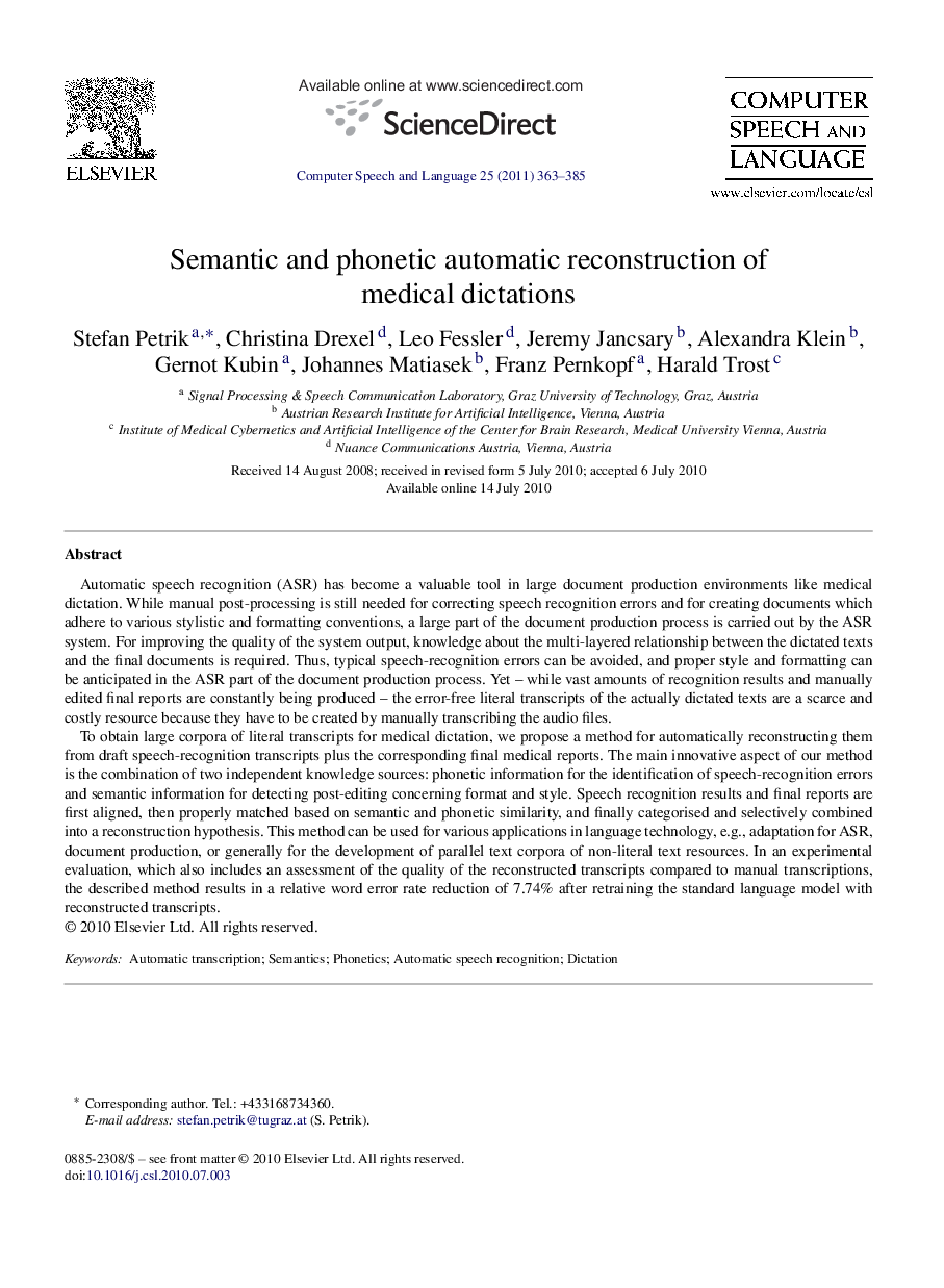 Semantic and phonetic automatic reconstruction of medical dictations