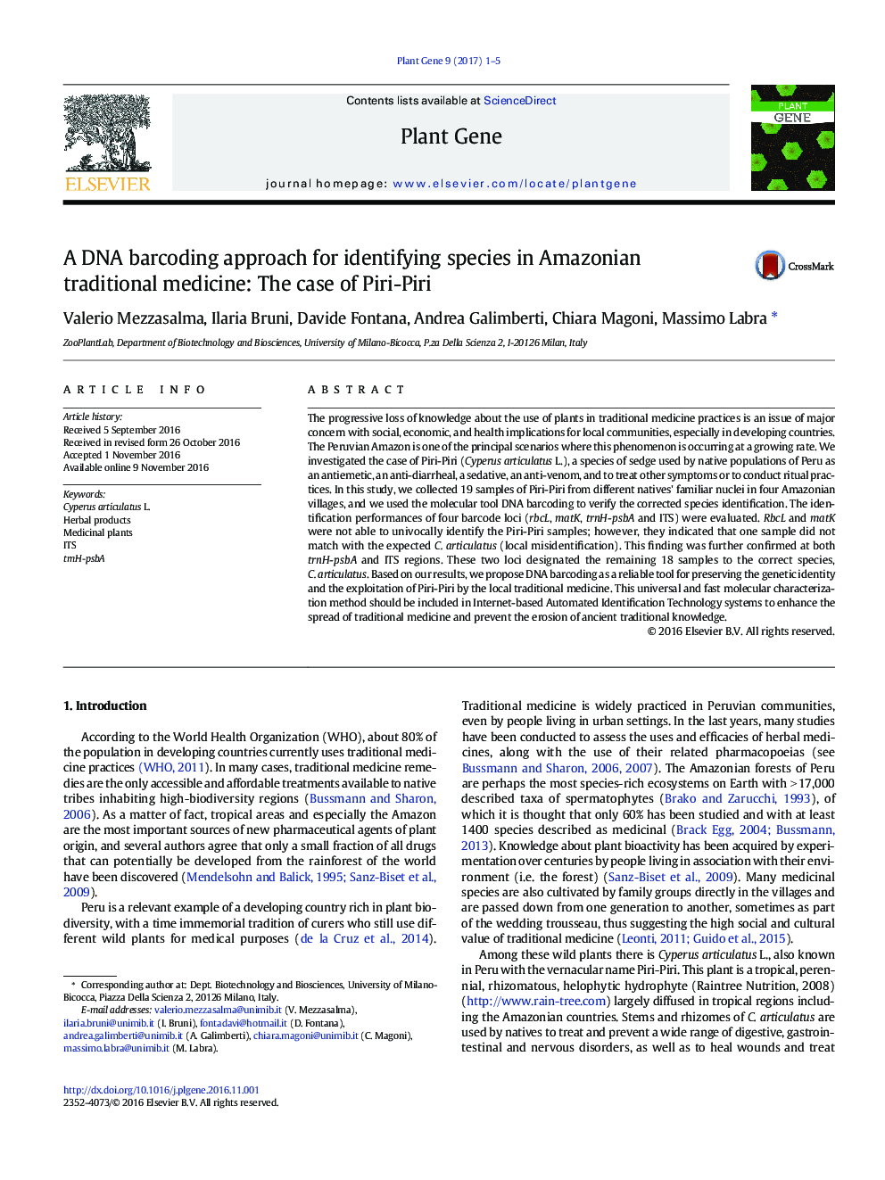 A DNA barcoding approach for identifying species in Amazonian traditional medicine: The case of Piri-Piri