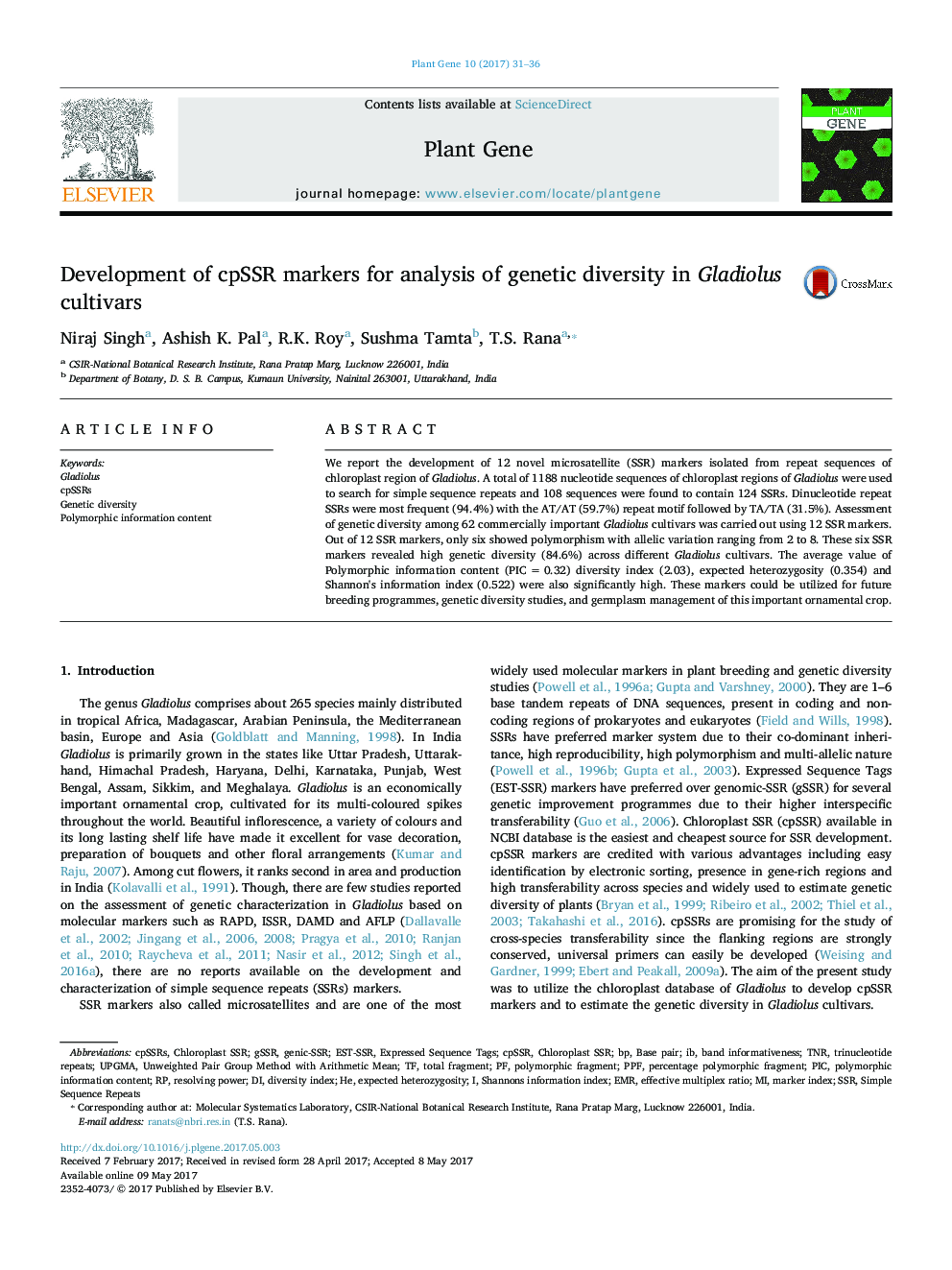 Development of cpSSR markers for analysis of genetic diversity in Gladiolus cultivars