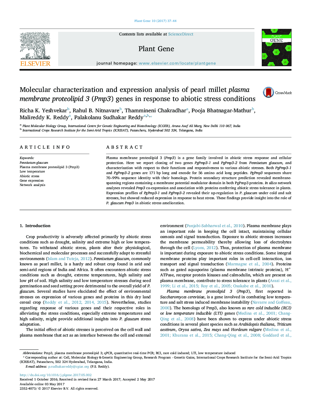 Molecular characterization and expression analysis of pearl millet plasma membrane proteolipid 3 (Pmp3) genes in response to abiotic stress conditions