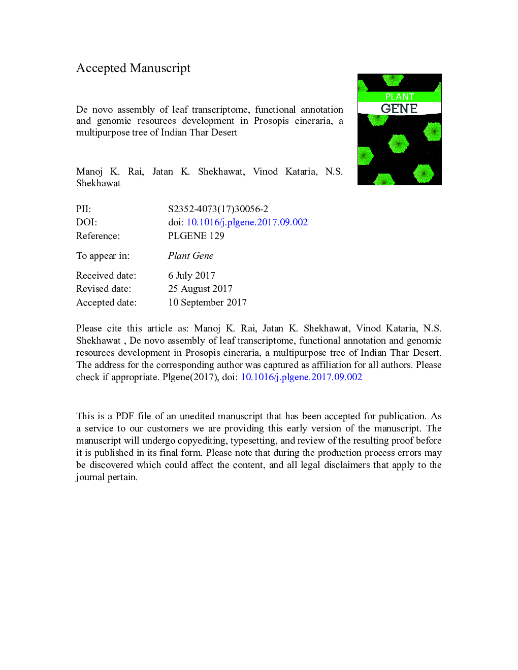 De novo assembly of leaf transcriptome, functional annotation and genomic resources development in Prosopis cineraria, a multipurpose tree of Indian Thar Desert