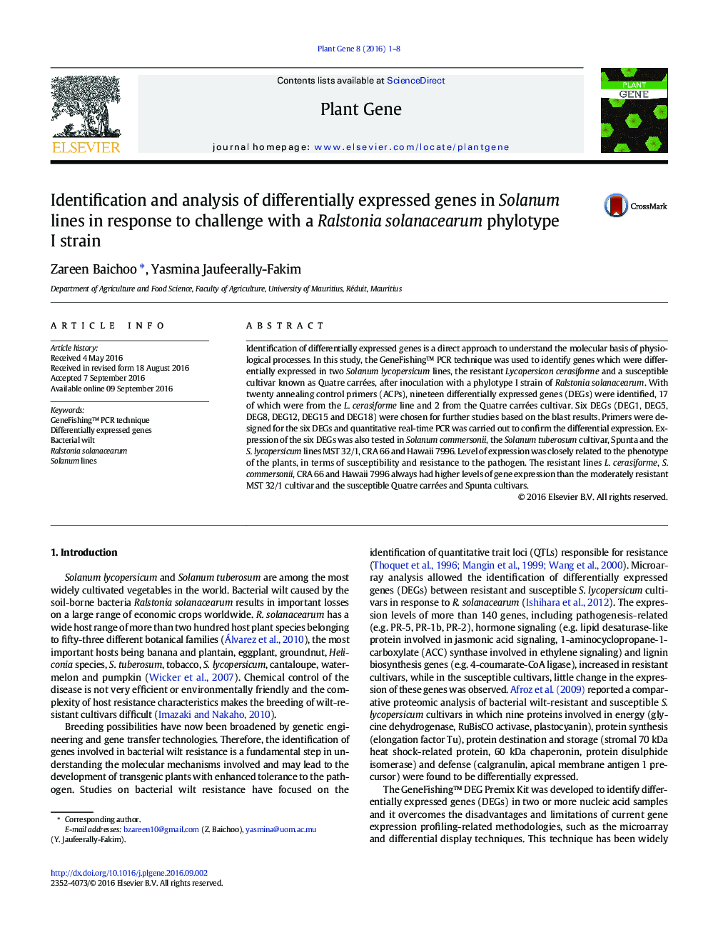 Identification and analysis of differentially expressed genes in Solanum lines in response to challenge with a Ralstonia solanacearum phylotype I strain