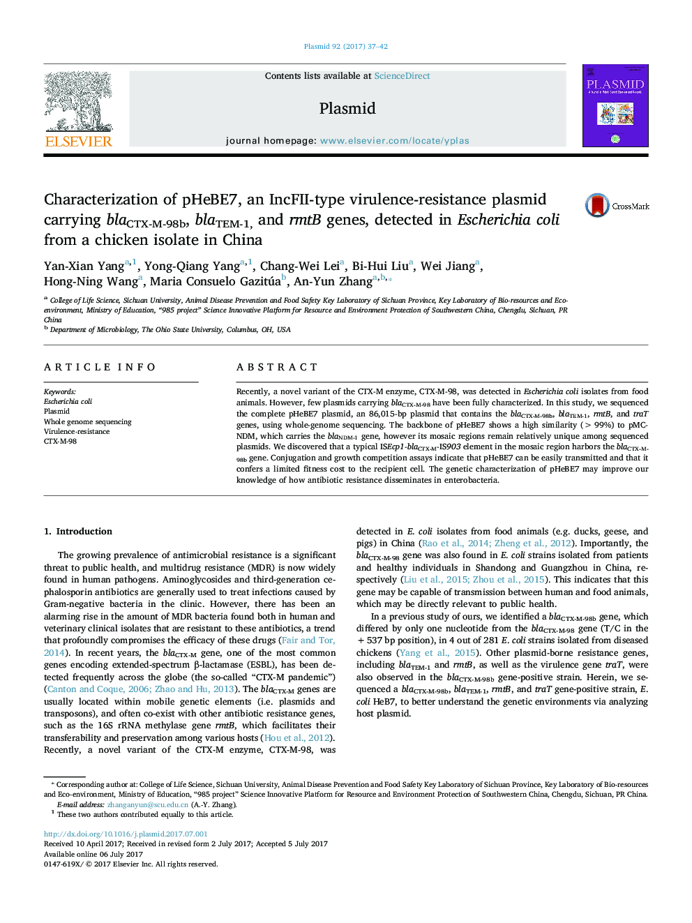 Characterization of pHeBE7, an IncFII-type virulence-resistance plasmid carrying blaCTX-M-98b, blaTEM-1, and rmtB genes, detected in Escherichia coli from a chicken isolate in China