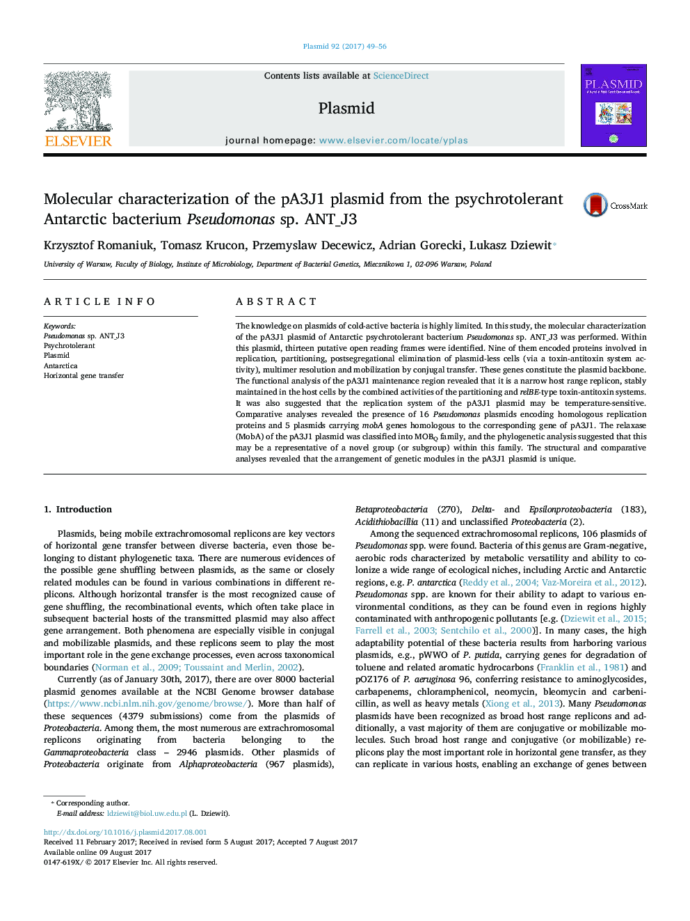 Molecular characterization of the pA3J1 plasmid from the psychrotolerant Antarctic bacterium Pseudomonas sp. ANT_J3