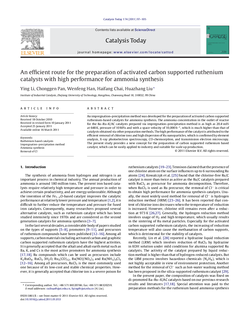An efficient route for the preparation of activated carbon supported ruthenium catalysts with high performance for ammonia synthesis