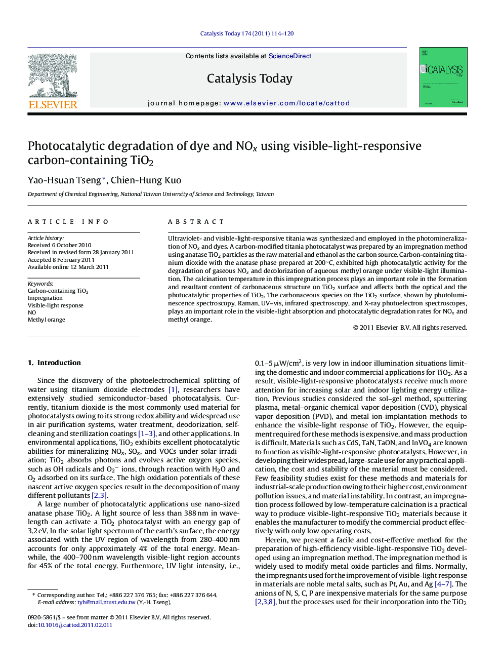 Photocatalytic degradation of dye and NOx using visible-light-responsive carbon-containing TiO2