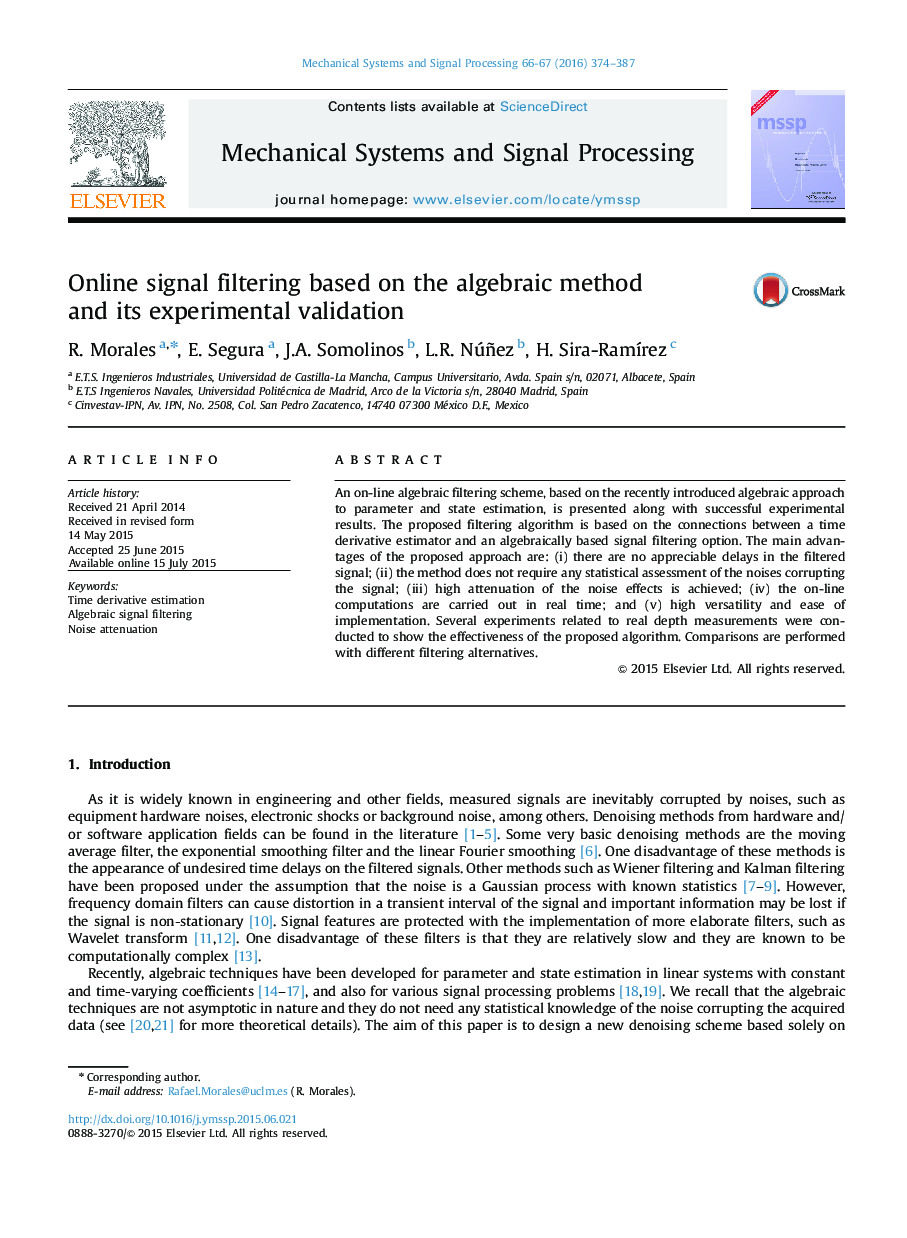 Online signal filtering based on the algebraic method and its experimental validation