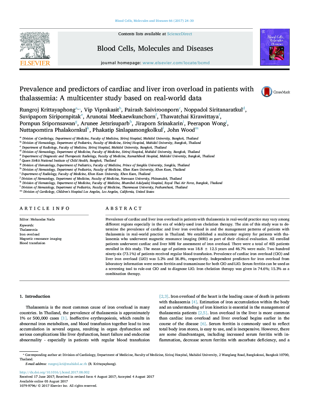 Prevalence and predictors of cardiac and liver iron overload in patients with thalassemia: A multicenter study based on real-world data