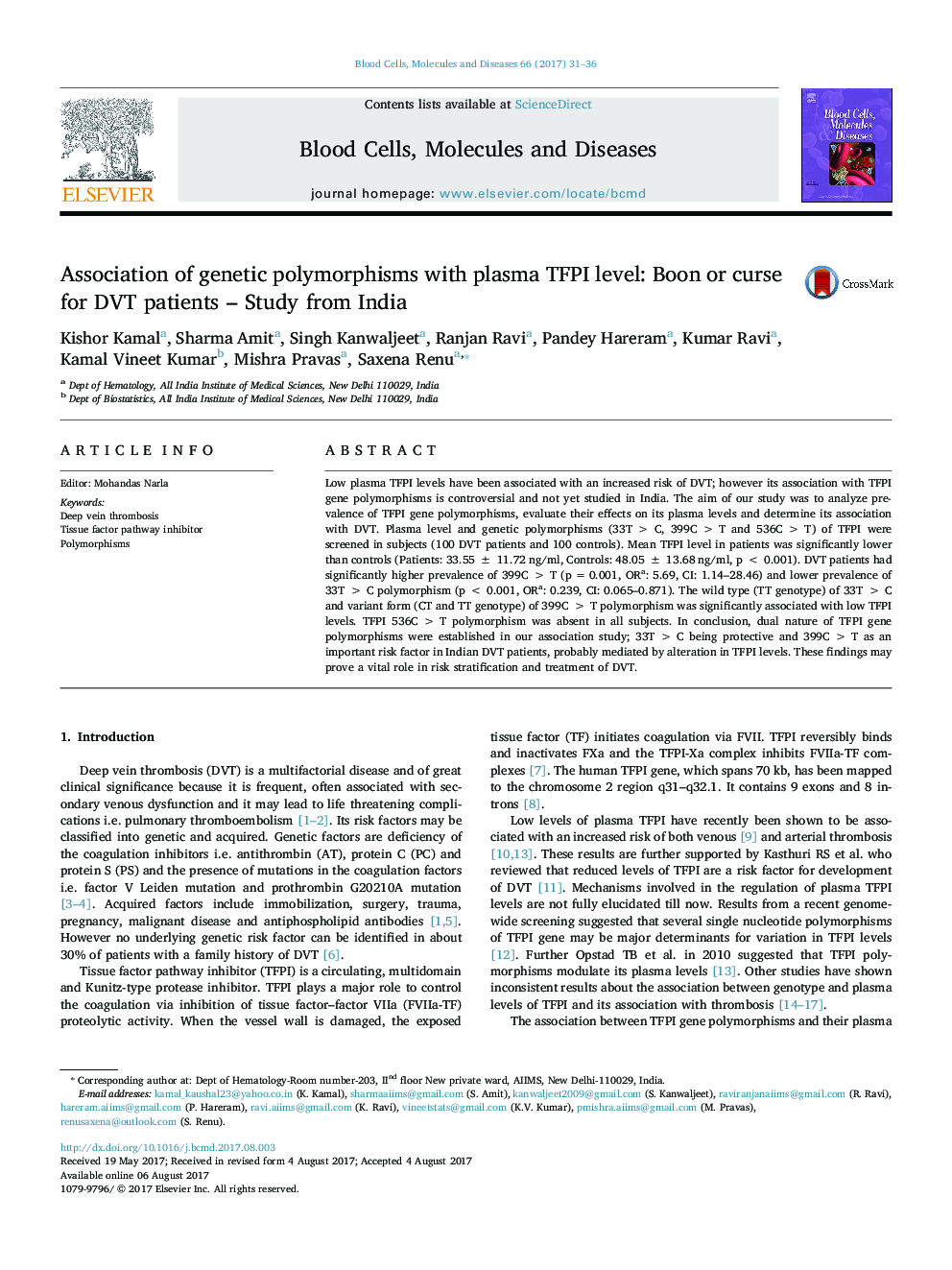 Association of genetic polymorphisms with plasma TFPI level: Boon or curse for DVT patients - Study from India