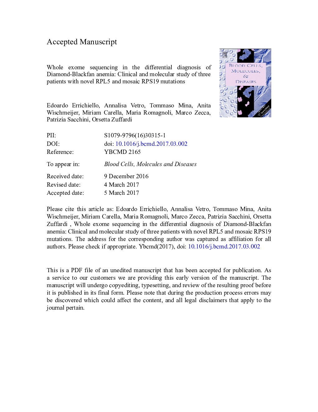 Whole exome sequencing in the differential diagnosis of Diamond-Blackfan anemia: Clinical and molecular study of three patients with novel RPL5 and mosaic RPS19 mutations