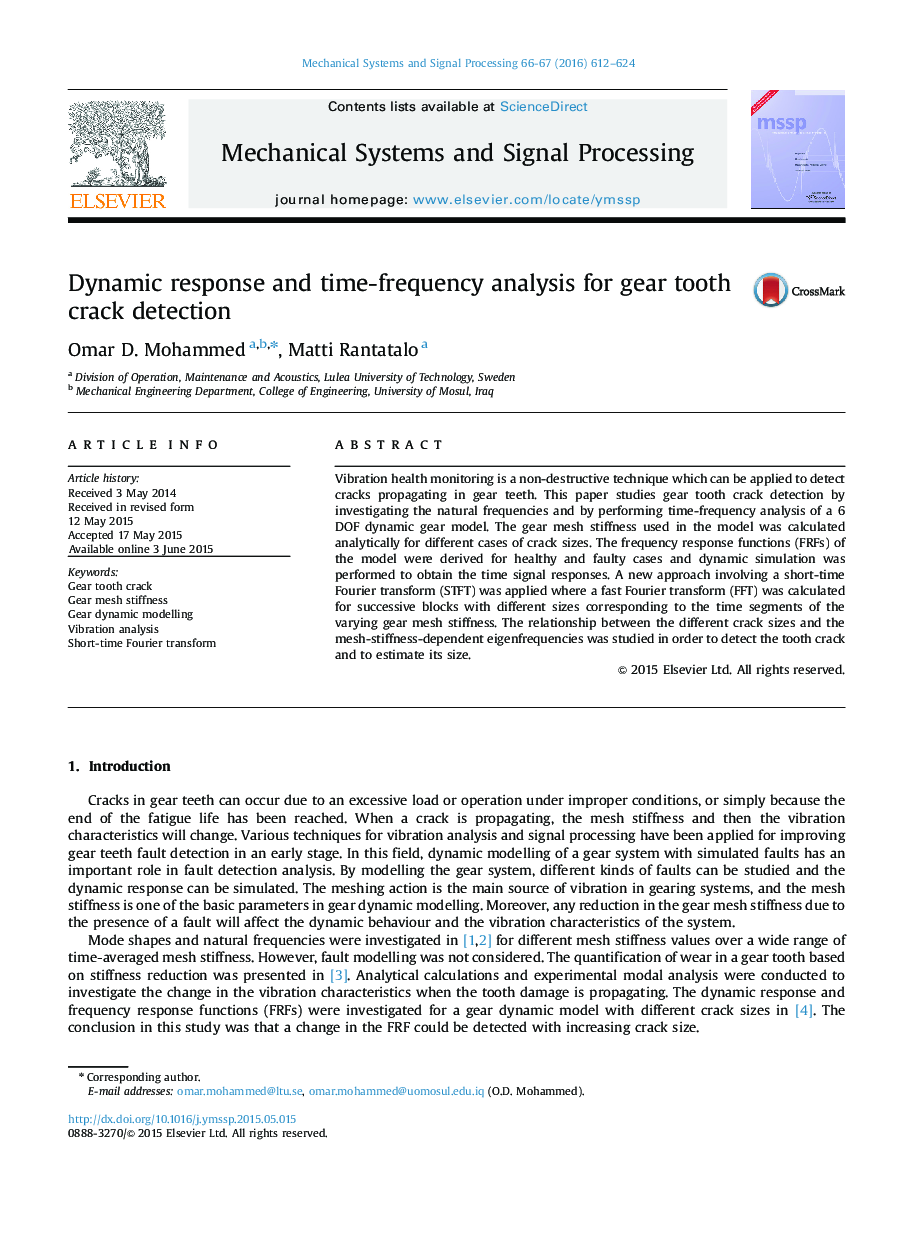 Dynamic response and time-frequency analysis for gear tooth crack detection