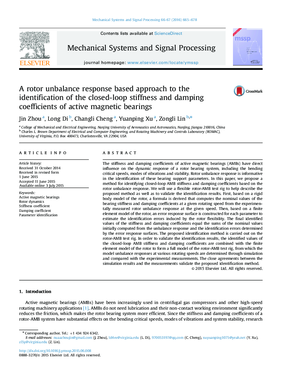 A rotor unbalance response based approach to the identification of the closed-loop stiffness and damping coefficients of active magnetic bearings